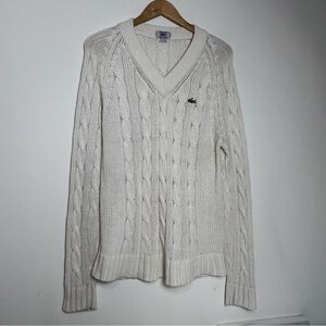 VINTAGE 80s Izod Lacoste Cable Knit Tennis Sweater - Cream - Made in HK